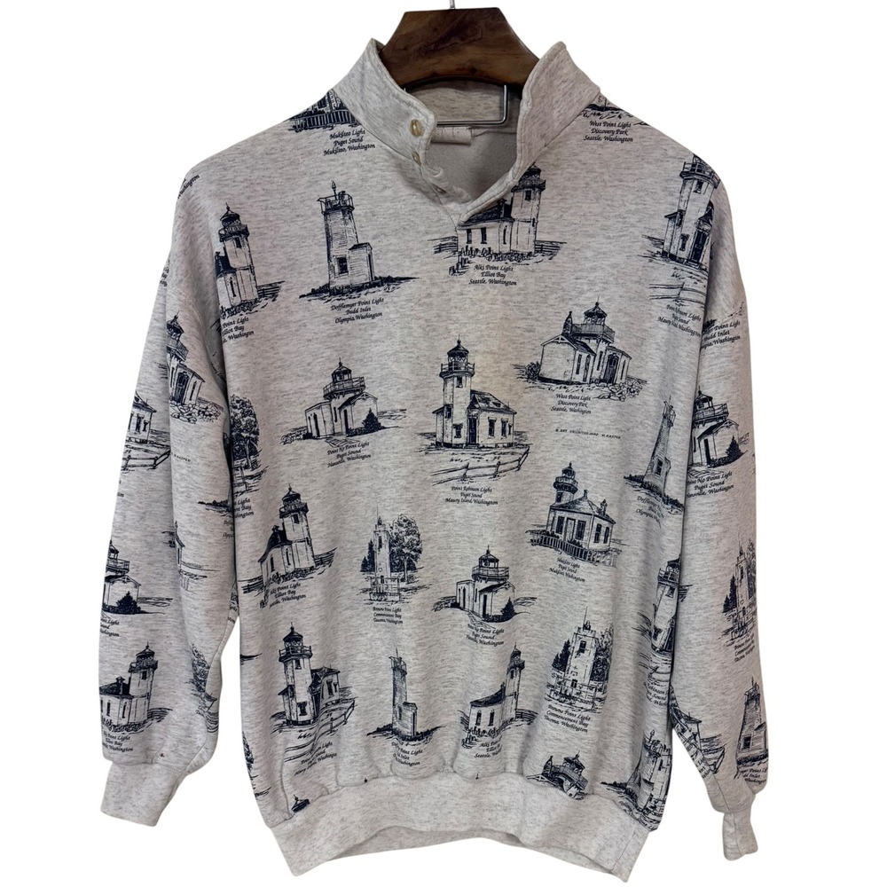 Vtg Art Unlimited Sportswear Lighthouse Henley Sweatshirt Gray USA Nautical XL